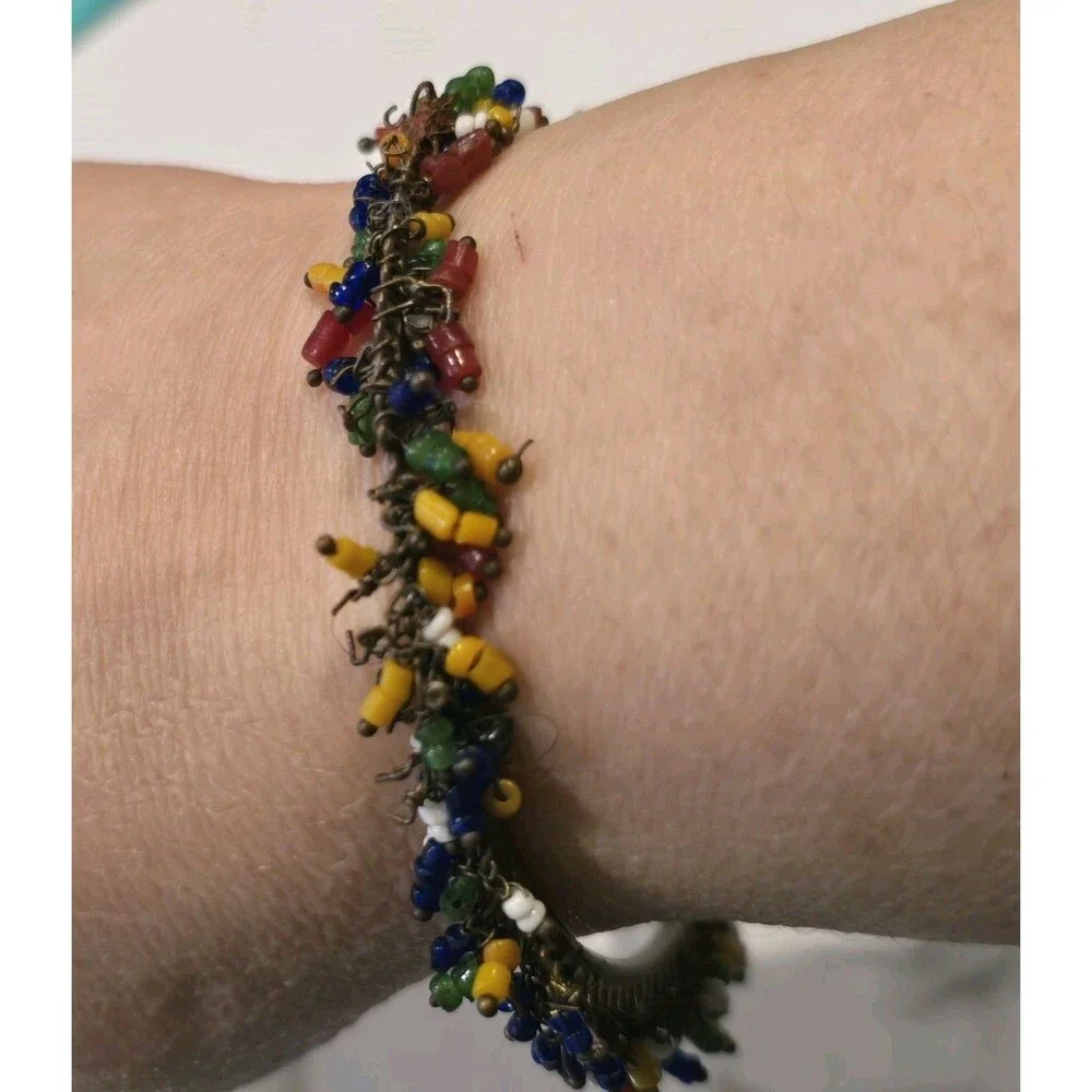 Boho Colorful Beaded Fringe Bangle Bracelet Brass Seed Bead Dangle Festival READ
